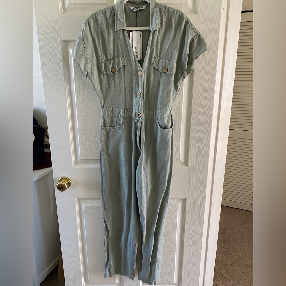 Zara sage green linen jumpsuit